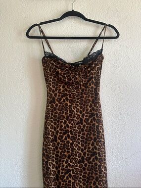 ANIMAL PRINT SLIP DRESS with Lace Trim - Brown Leopard